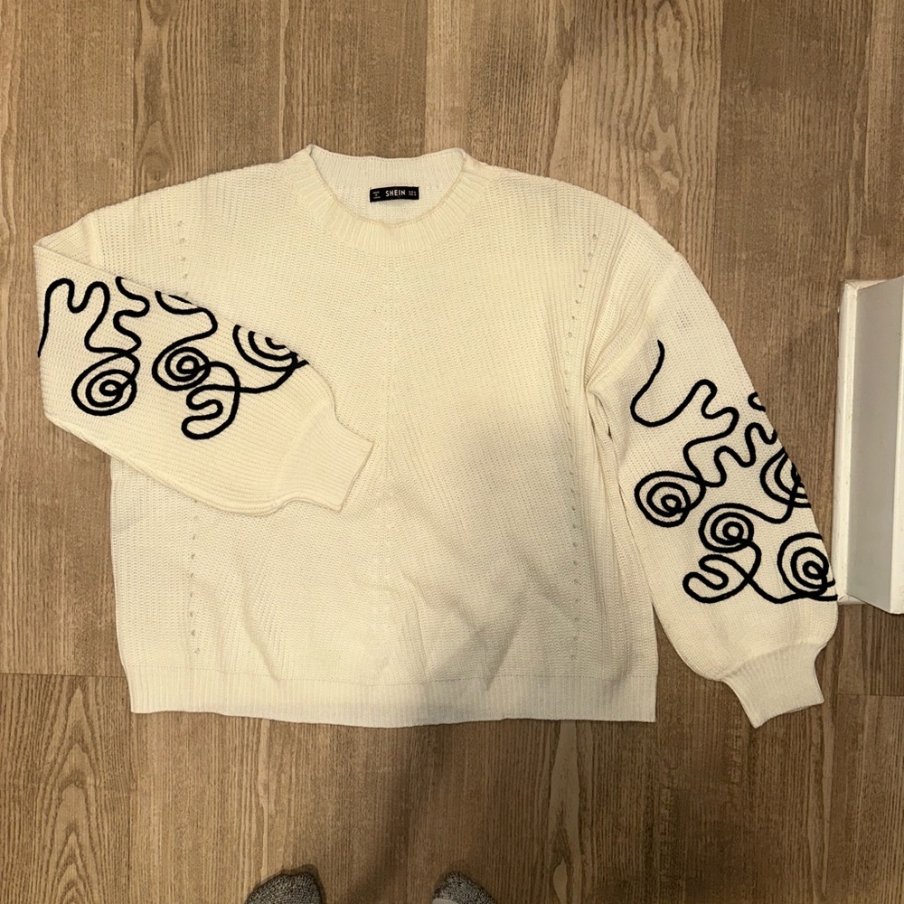 SHEIN White Sweater with Black Abstract Design